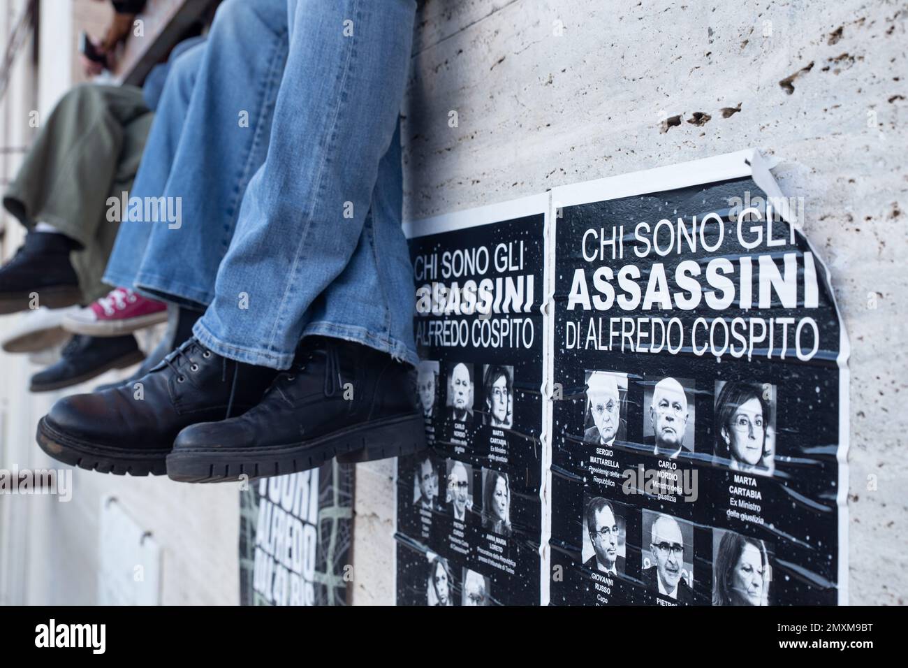 Rome, Italy. 03rd Feb, 2023. Posters in solidarity with anarchist Alfredo Cospito posted at the entrance to the Faculty of Letters of 'La Sapienza' University of Rome, on 3 February 2023 (Photo by Matteo Nardone/Pacific Press/Sipa USA) Credit: Sipa USA/Alamy Live News Stock Photo