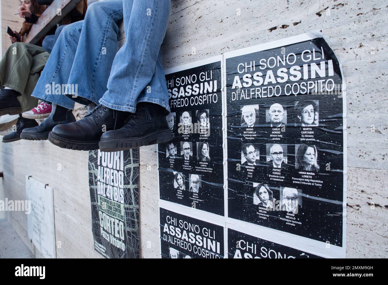 Rome, Italy. 03rd Feb, 2023. Posters in solidarity with anarchist