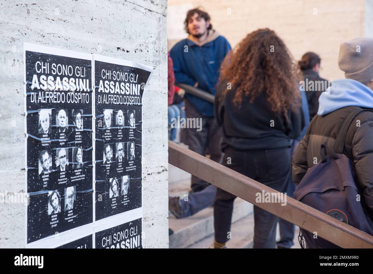 Rome, Italy. 03rd Feb, 2023. Posters in solidarity with anarchist Alfredo Cospito posted at the entrance to the Faculty of Letters of 'La Sapienza' University of Rome, on 3 February 2023 (Photo by Matteo Nardone/Pacific Press/Sipa USA) Credit: Sipa USA/Alamy Live News Stock Photo