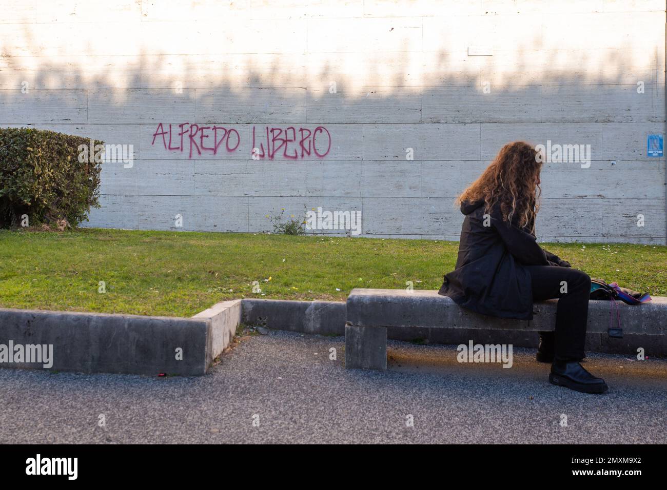 Rome, Italy. 03rd Feb, 2023. Written on a wall of 'La Sapienza' University of Rome in solidarity with anarchist Alfredo Cospito (Photo by Matteo Nardone/Pacific Press/Sipa USA) Credit: Sipa USA/Alamy Live News Stock Photo