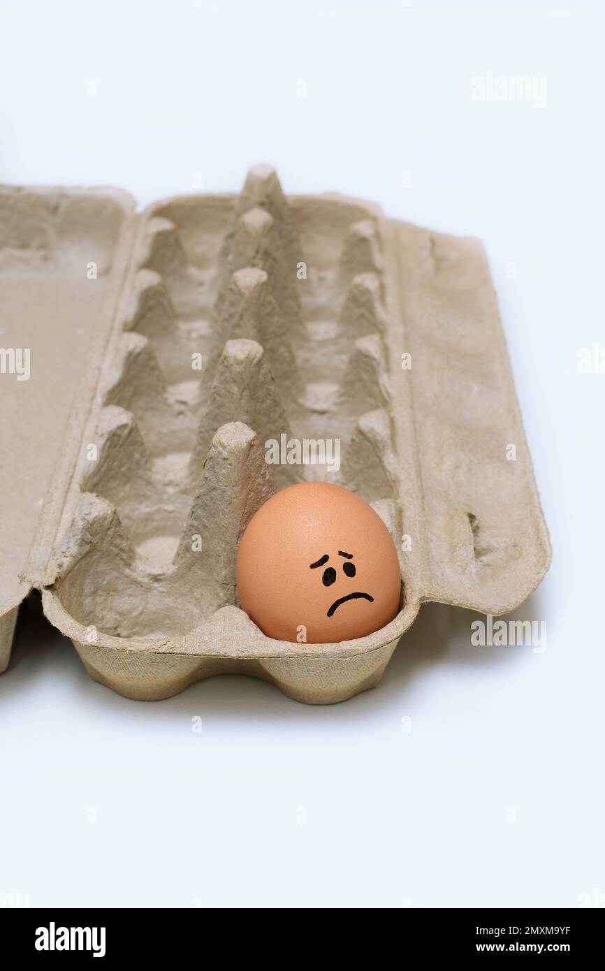 A single sad face chicken egg in an open light brown cardboard, dozen egg carton, middle of frame on a clean white surface Stock Photo