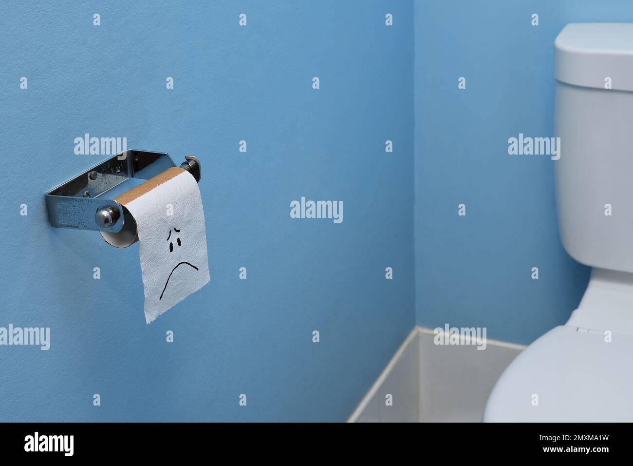 A wide scene in a toilet room of a sad face on the last piece of toilet paper/tissue on a brown