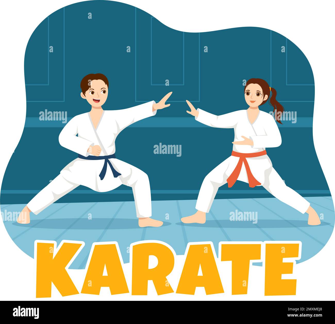 People Doing Some Basic Karate Martial Arts Moves, Fighting Pose and Wearing Kimono in Cartoon Hand Drawn for Landing Page Templates Illustration Stock Vector