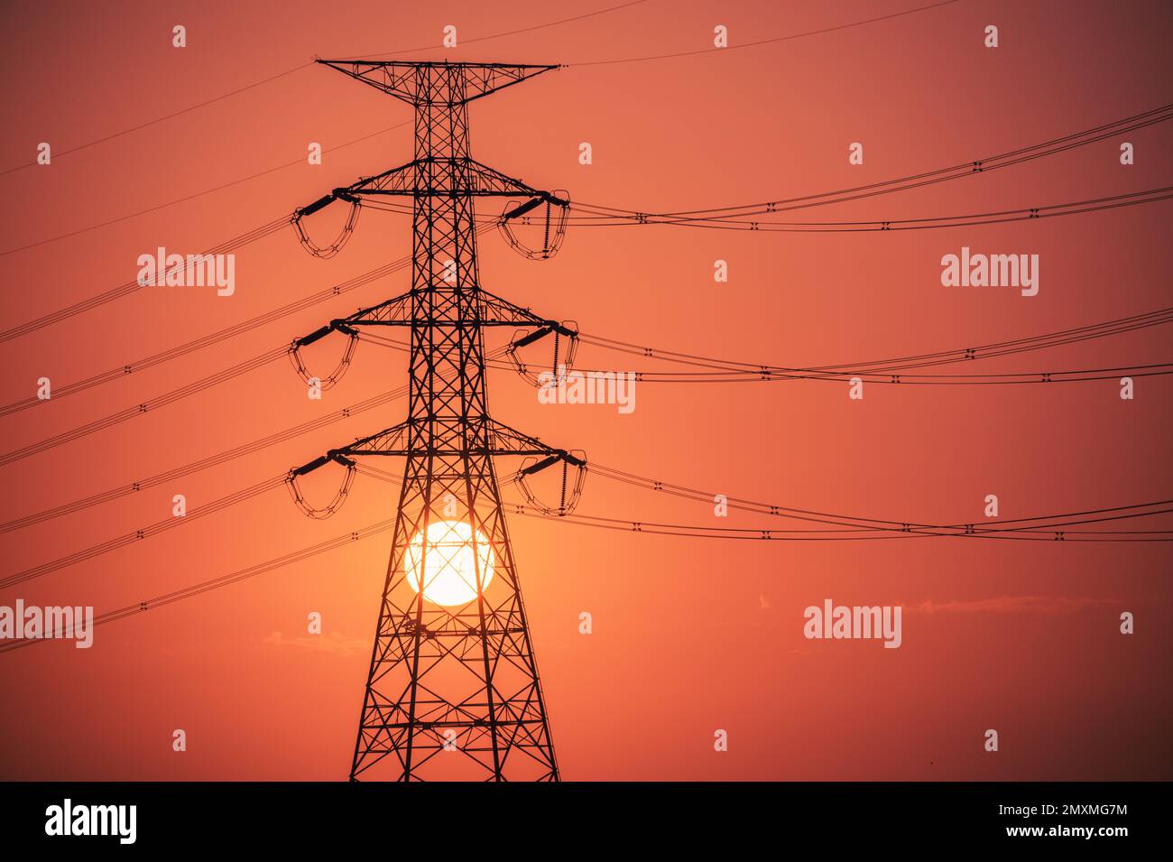 A view of a sunset full of power at twilight. Highvoltage electric