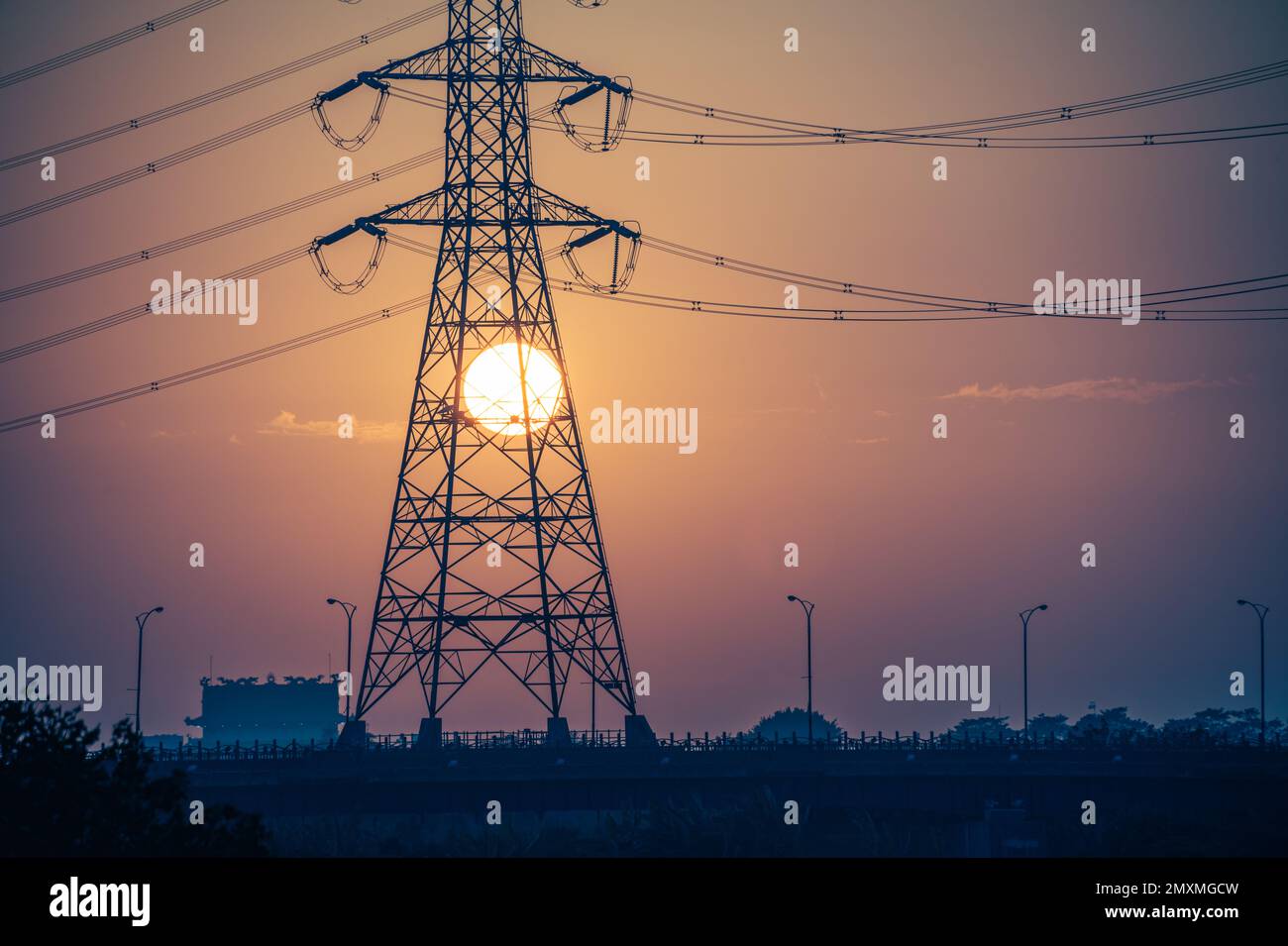 A view of a sunset full of power at twilight. Highvoltage electric