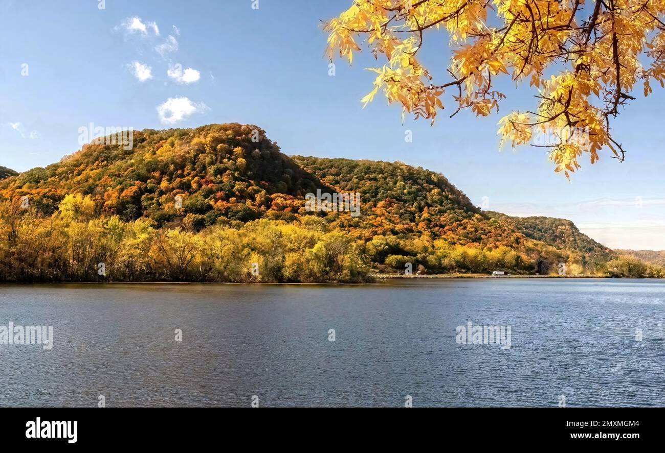 West Lake Winona with bluffs and trees showing off their autumn colors ...