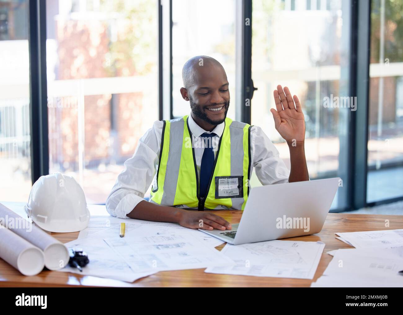 Architect man, video call and laptop with office internet for planning ...
