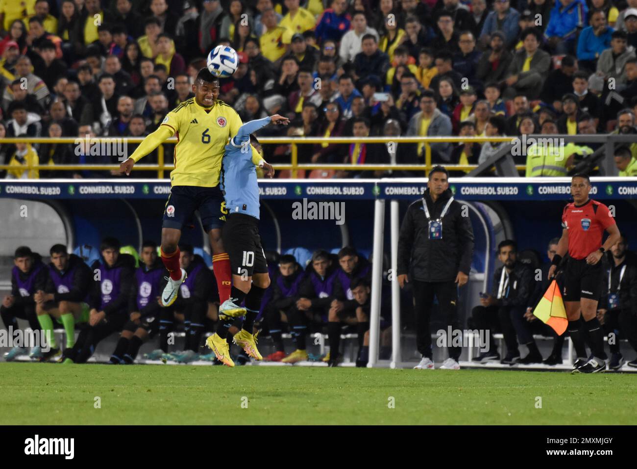 Colombia's Jhon Jaider Velez and Uruguay's Franco Gonzalez during the CONMEBOL South American Tournament match between Colombia Vs Uruguay, in Bogota, Colombia on January 31, 2023. Photo by: Cristian Bayona/Long Visual Press Stock Photo
