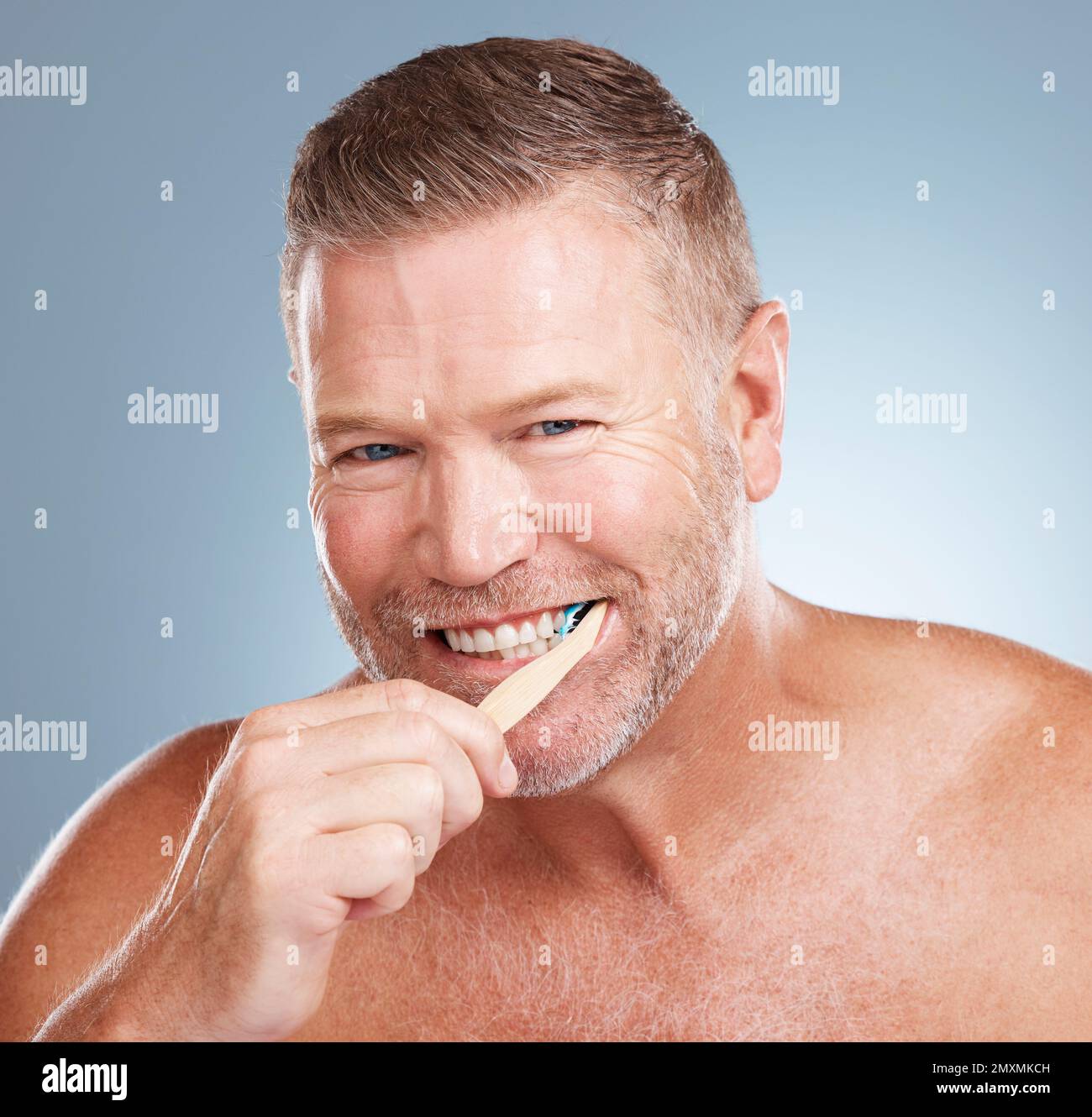 Happy, mouth or old man brushing teeth with dental toothpaste products