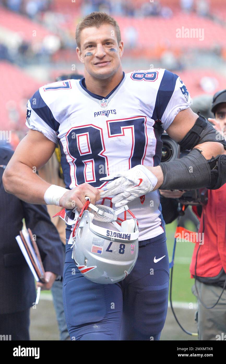 New England Patriots' Rob Gronkowski walks off the field after an NFL  football game against the Cleveland Browns, Sunday, Oct. 9, 2016, in  Cleveland. New England won 33-13. (AP Photo/David Richard Stock