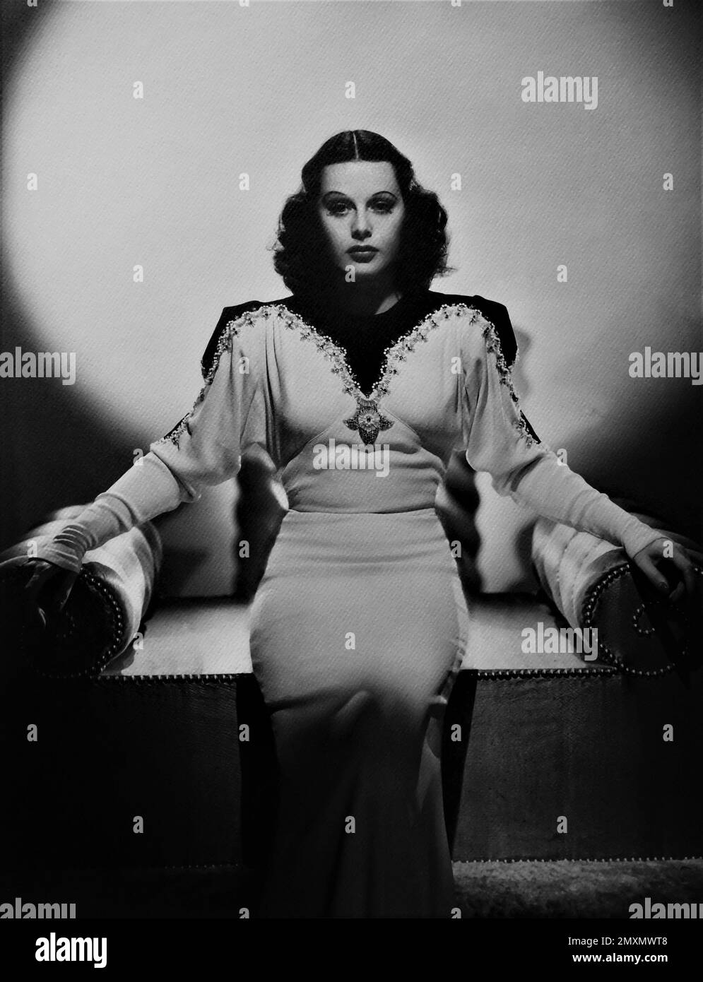 HEDY LAMARR 1939 Portrait in gown by GILBERT ADRIAN by CLARENCE SINCLAIR BULL publicity for Metro Goldwyn Mayer Stock Photo