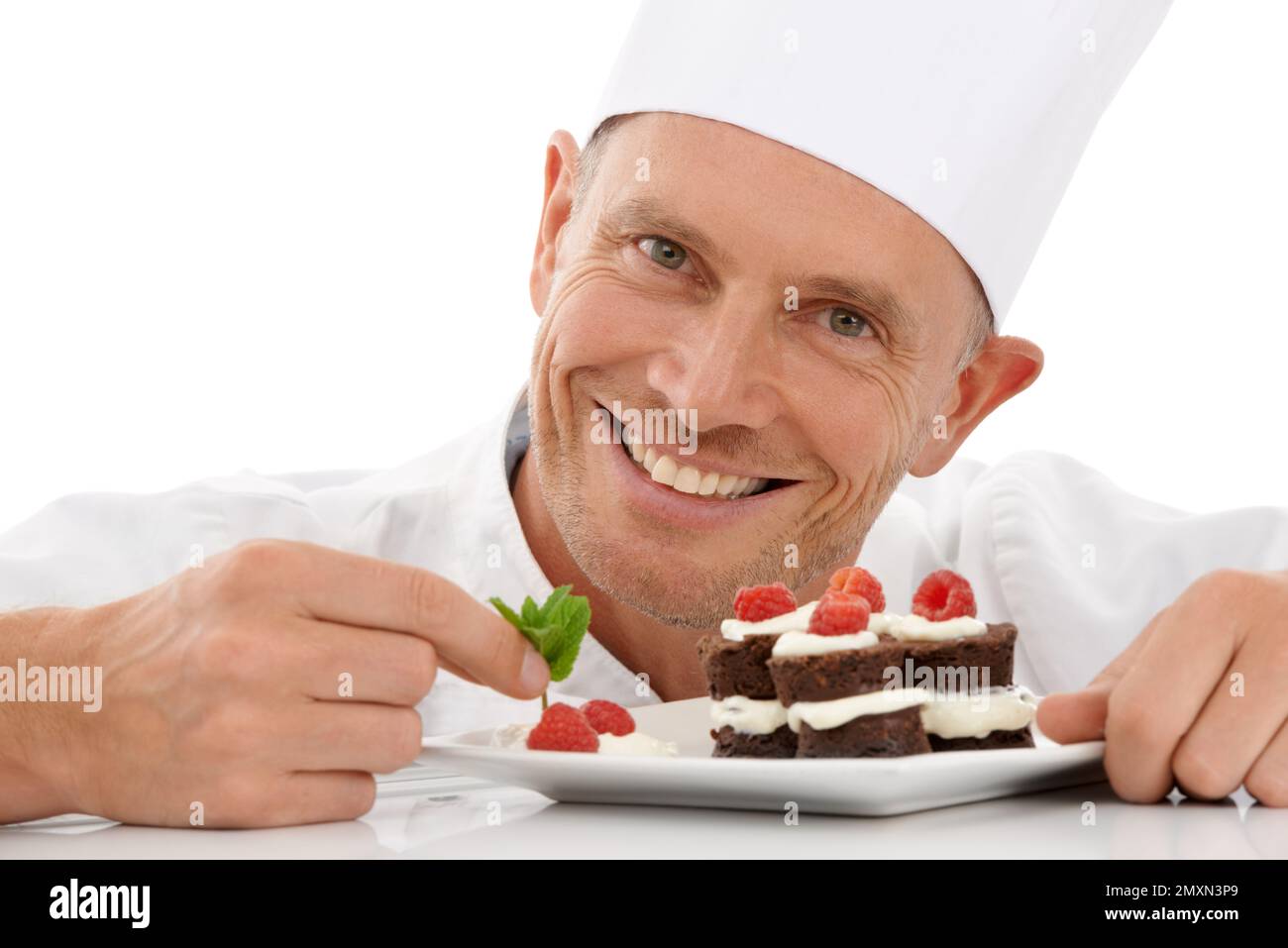 Bakery, baking and portrait of a chef with cake presentation isolated ...