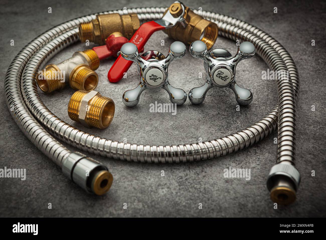 Rolled Bathroom Chrome Shower Flexible Hose Pipe And Brass Pipe Fixtures Fittings Stock Photo