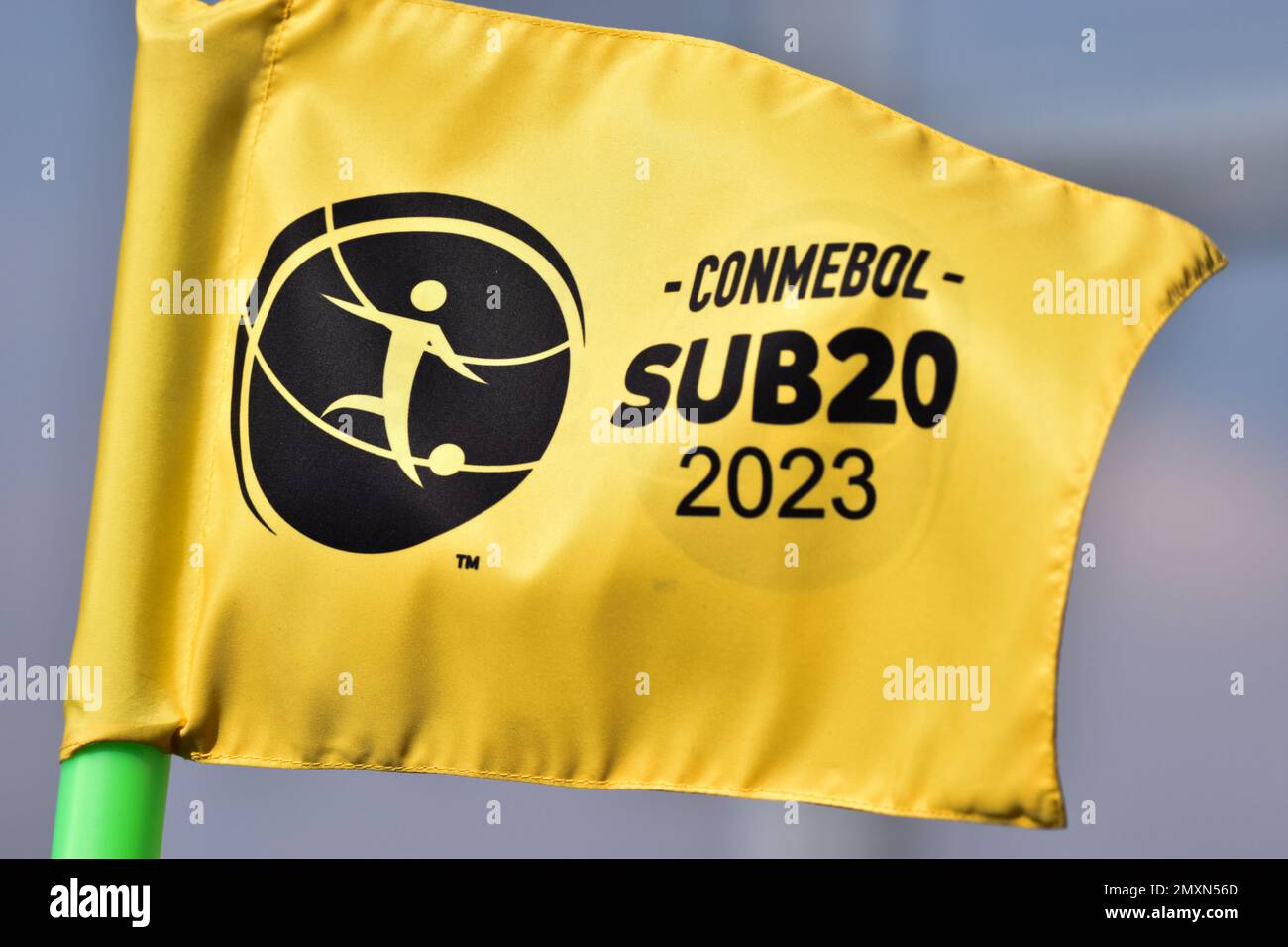 Bogota, Colombia. 03rd Feb, 2023. A corner flag seen with the 'CONMEBOL Sub20 2023' logo during the CONMEBOL South American Tournament match between  Ecuador and Uruguay, in Bogota, Colombia on February 3, 2023. Photo by: Cristian Bayona/Long Visual Press Credit: Long Visual Press/Alamy Live News Stock Photo