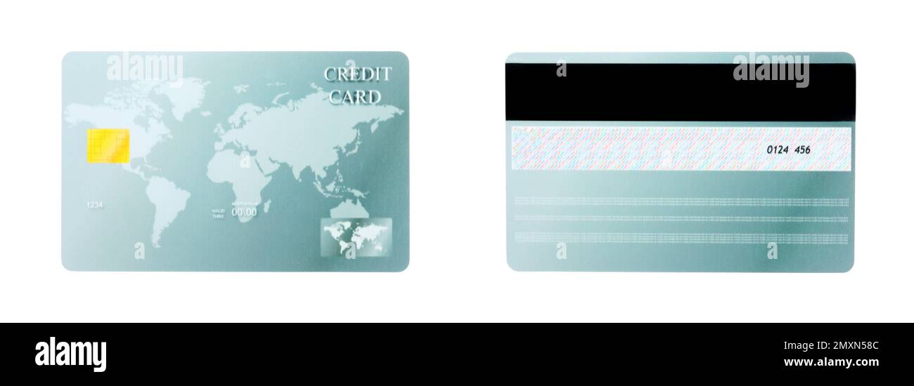 Modern credit card on white background, front and back view. Banner design Stock Photo
