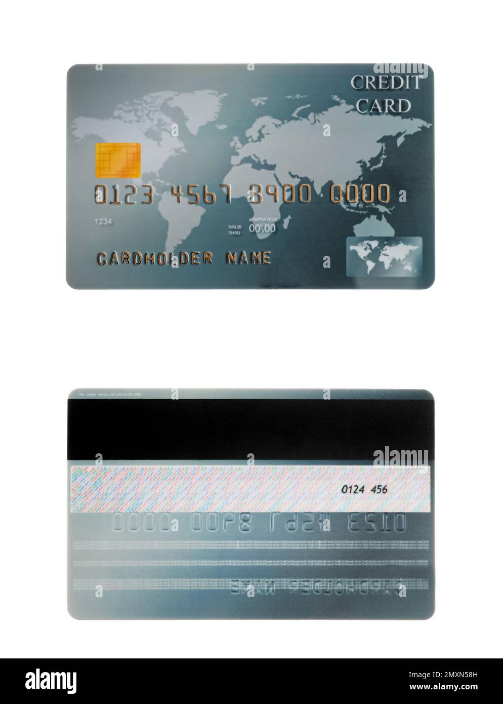 Modern credit card on white background, front and back view Stock Photo