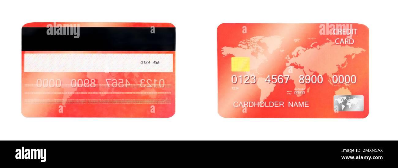 Modern credit card on white background, front and back view. Banner design Stock Photo