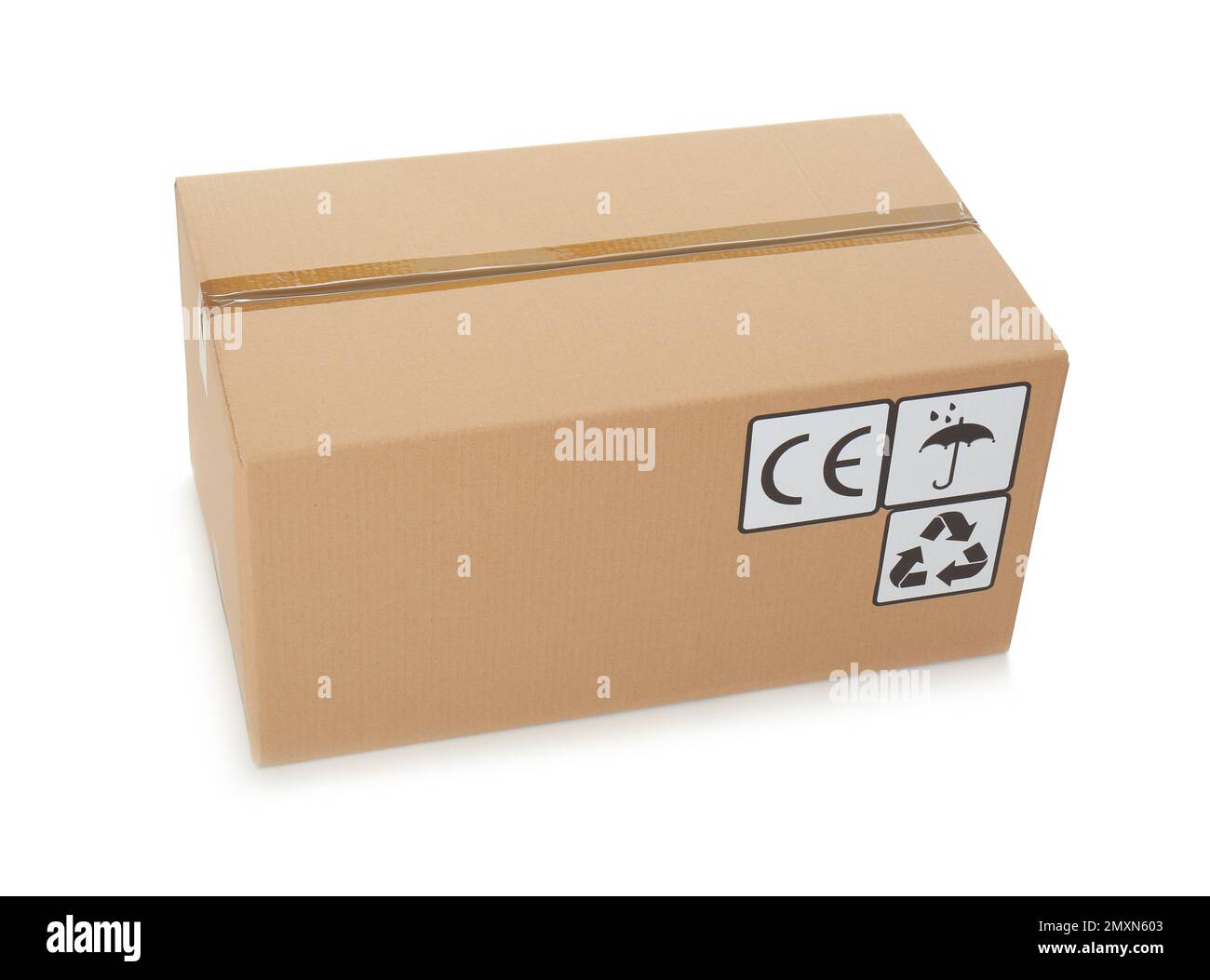 Cardboard box with different packaging symbols isolated on white ...