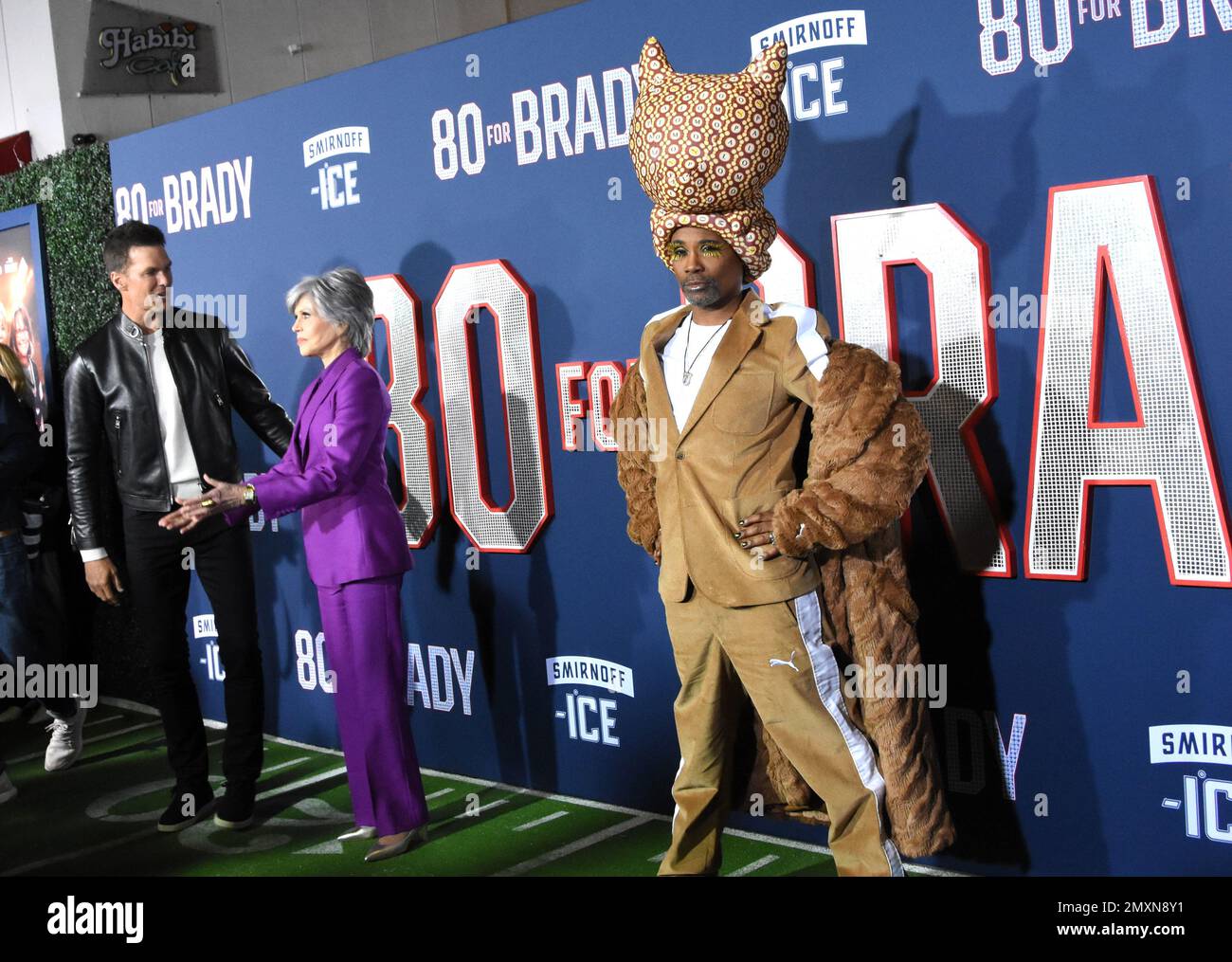 Los Angeles, California, USA 31st January 2023 Tom Brady, Actress Jane Fonda and Actor Billy Porter attend the Los Angeles Premiere Screening of Paramount Pictures' '80 for Brady' at Regency Village Theatre on January 31, 2023 in Los Angeles, California, USA. Photo by Barry King/Alamy Stock Photo Stock Photo