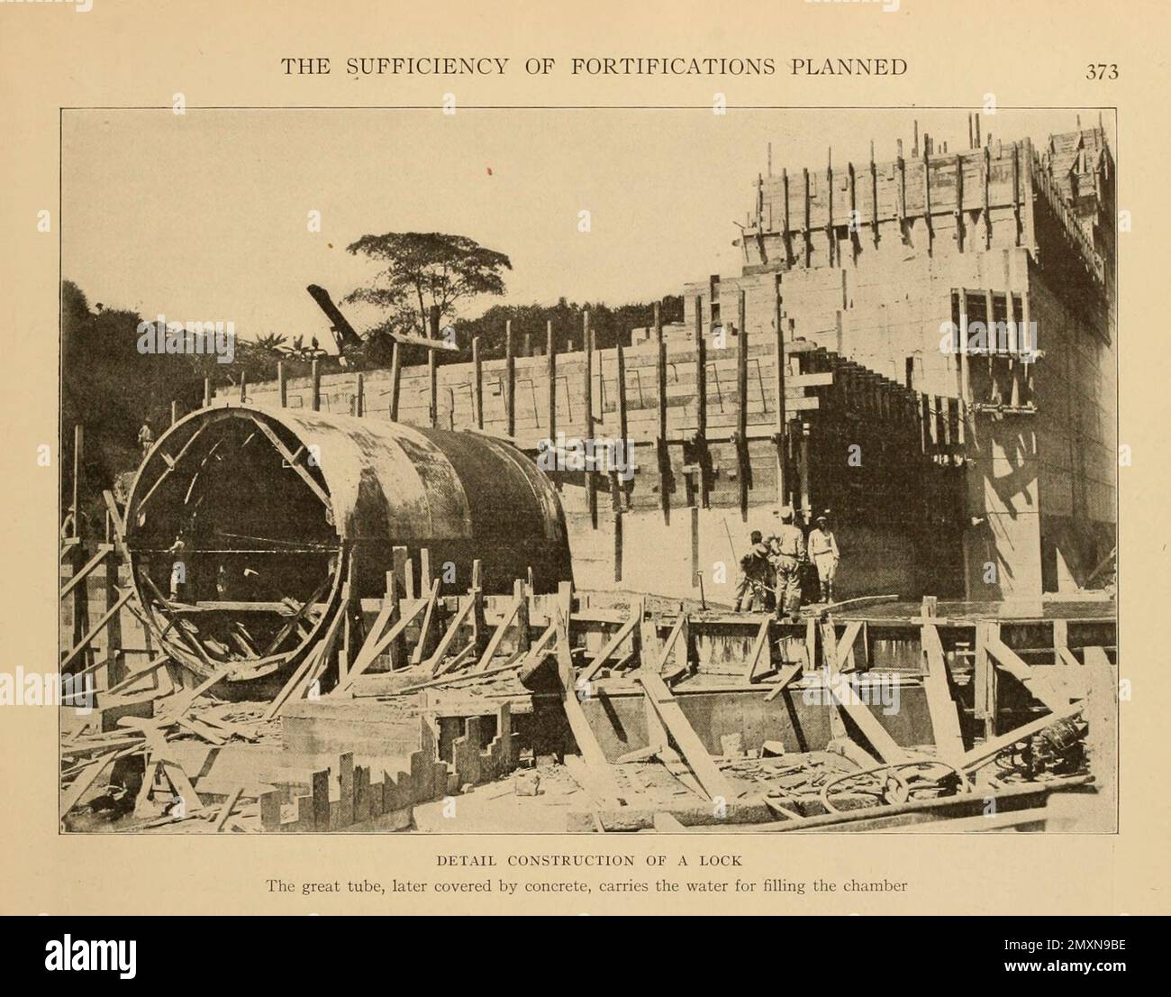 Detail Construction of a Lock The great tube, later covered by concrete, carries the water for filling the chamber from the book Panama and the Canal in picture and prose : a complete story of Panama, as well as the history, purpose and promise of its world-famous canal the most gigantic engineering undertaking since the dawn of time by Willis John Abbot,1863-1934 Published in London ; New York by Syndicate Publishing Co. in 1913 Stock Photo