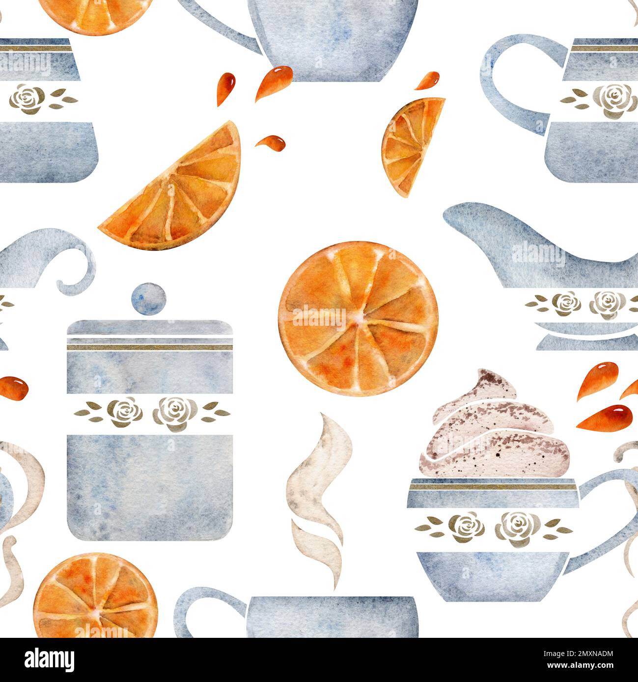 Watercolor hand drawn seamless pattern with coffee cups, beans, leaves ...