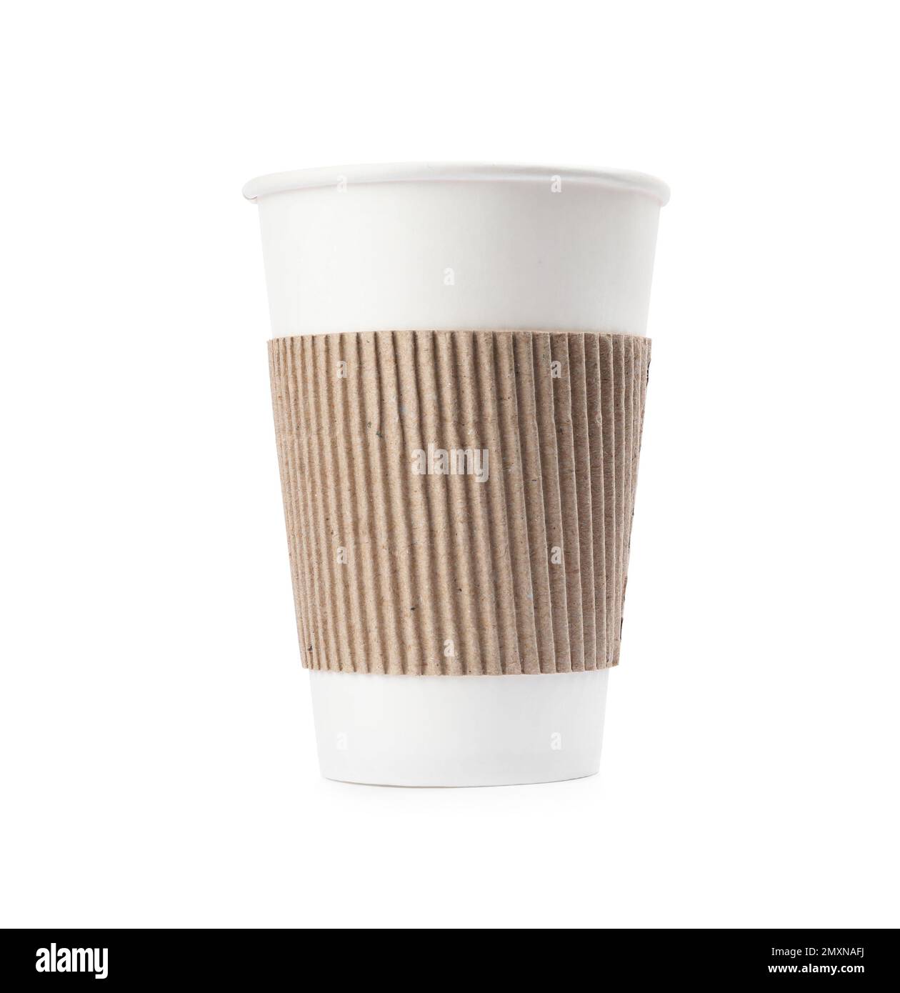 Takeaway paper coffee cup with cardboard sleeve isolated on white Stock