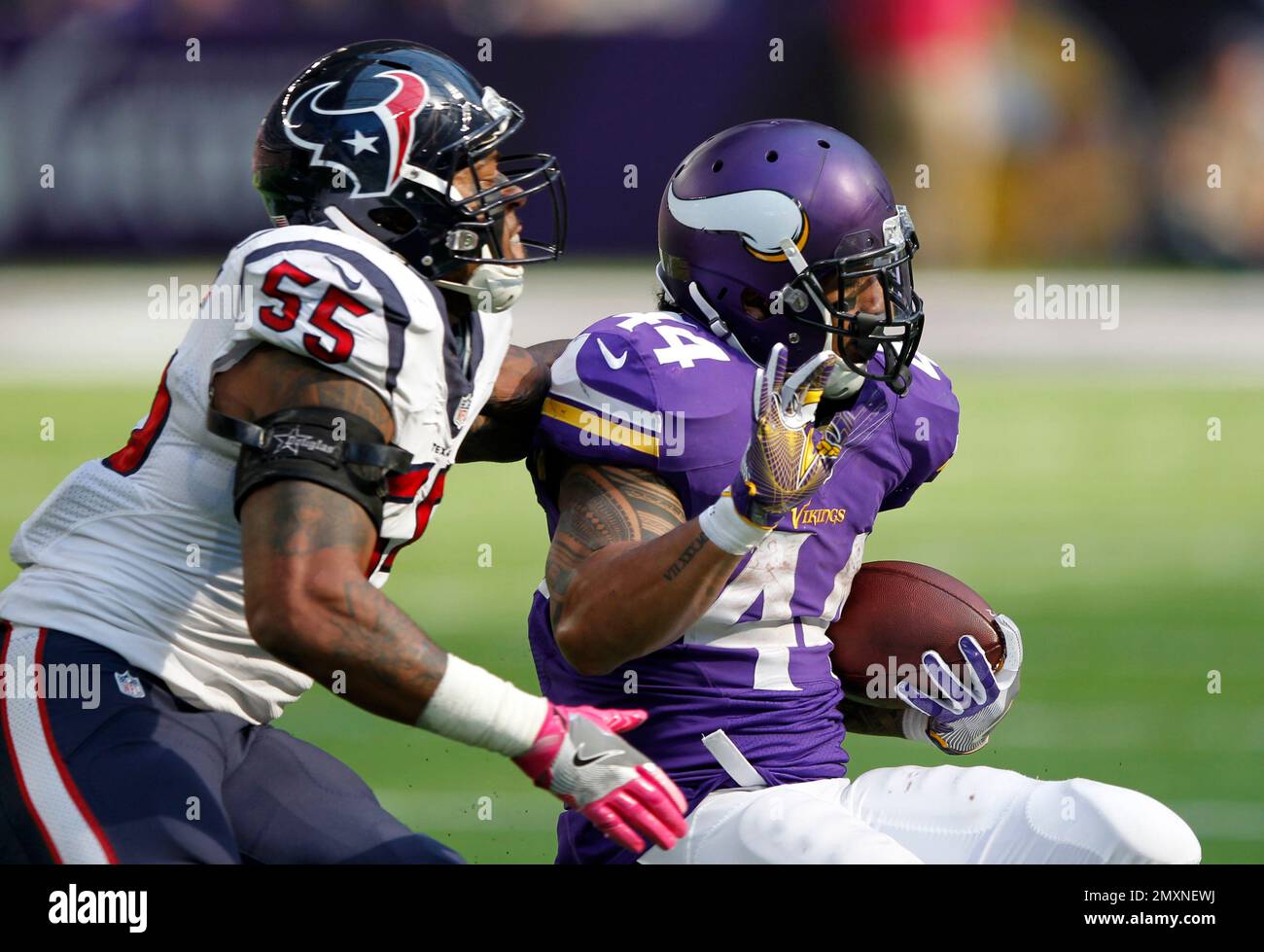 Minnesota Vikings running back Matt Asiata (44) is tackled by Houston  Texans inside linebacker Benardrick McKinney, left, during the second half  of an NFL football game Sunday, Oct. 9, 2016, in Minneapolis. (