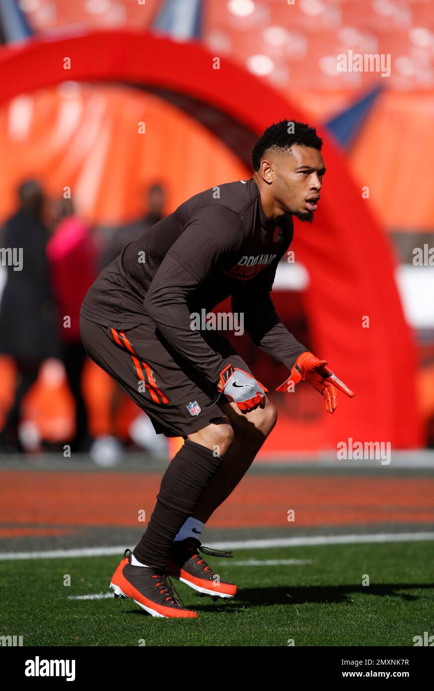 Cleveland Browns cornerback Joe Haden warms up before an NFL football game against the New England Patriots Sunday Oct. 9 2016 in Cleveland. AP Photo Ron Schwane Stock Photo Alamy