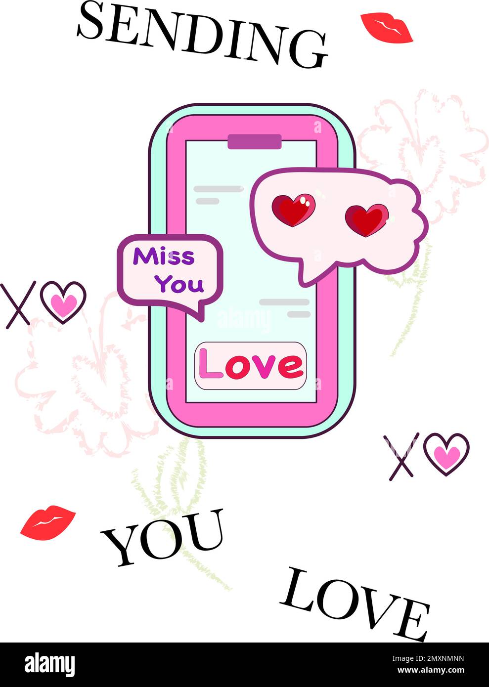 Sending you love. Vector romantic illustration phone with message, icons and emoji. Finger touch screen. Social networking concept. small lips . Stock Vector