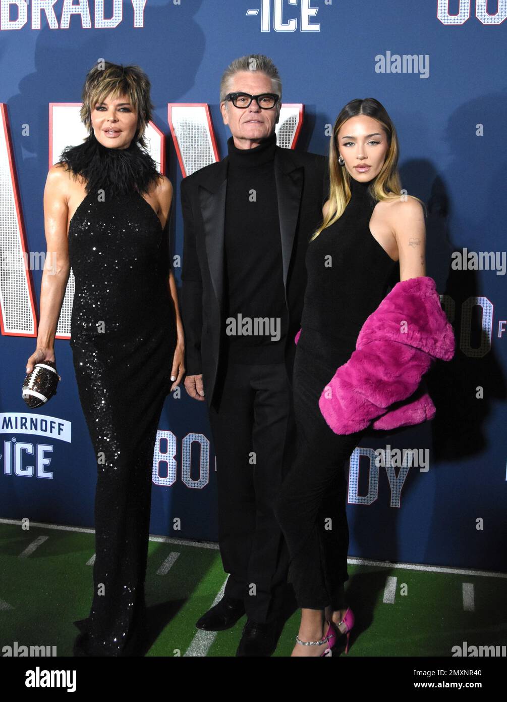 Los Angeles, California, USA 31st January 2023 Actress Lisa Rinna, Actor Harry Hamlin and daughter Actress Delilah Belle Hamlin attend the Los Angeles Premiere Screening of Paramount Pictures' '80 for Brady' at Regency Village Theatre on January 31, 2023 in Los Angeles, California, USA. Photo by Barry King/Alamy Stock Photo Stock Photo