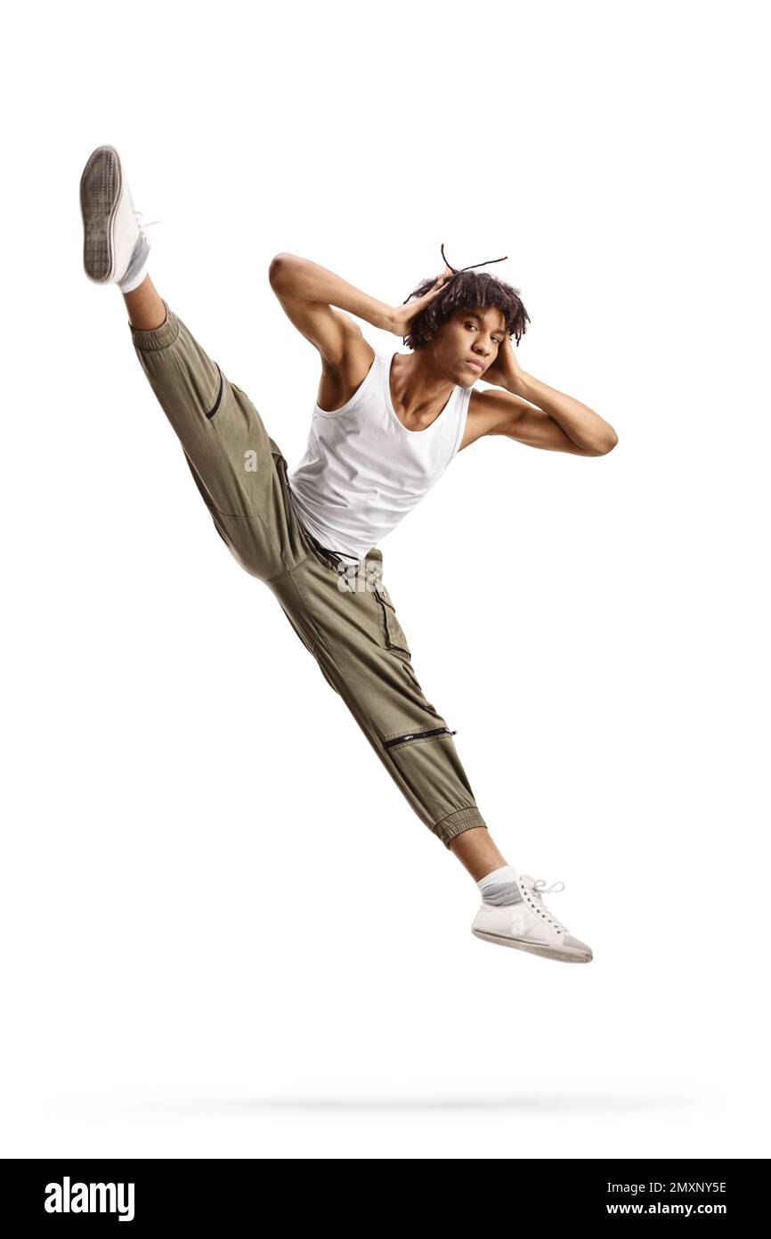 African american male dancer performing a split leap isolated on white