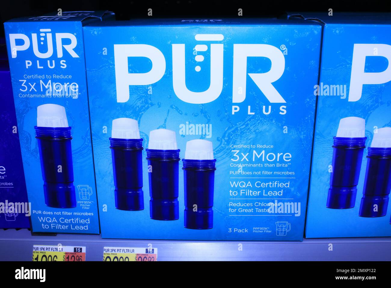 PUR PLUS filters in a box on a shelf Stock Photo