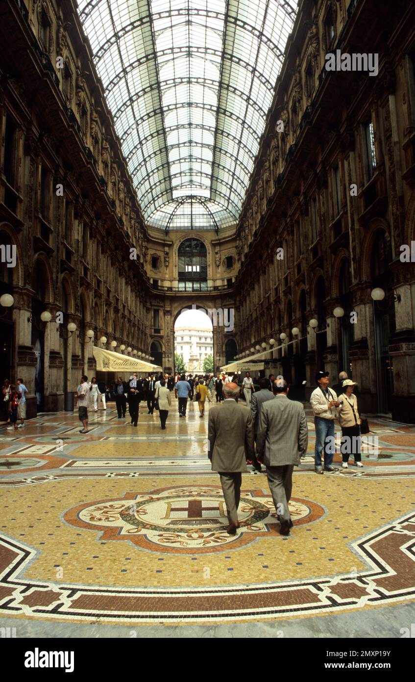 Italy, Lombardy, Milan, Galleria, Vittorio, detail of tiled floor and shops. Stock Photo