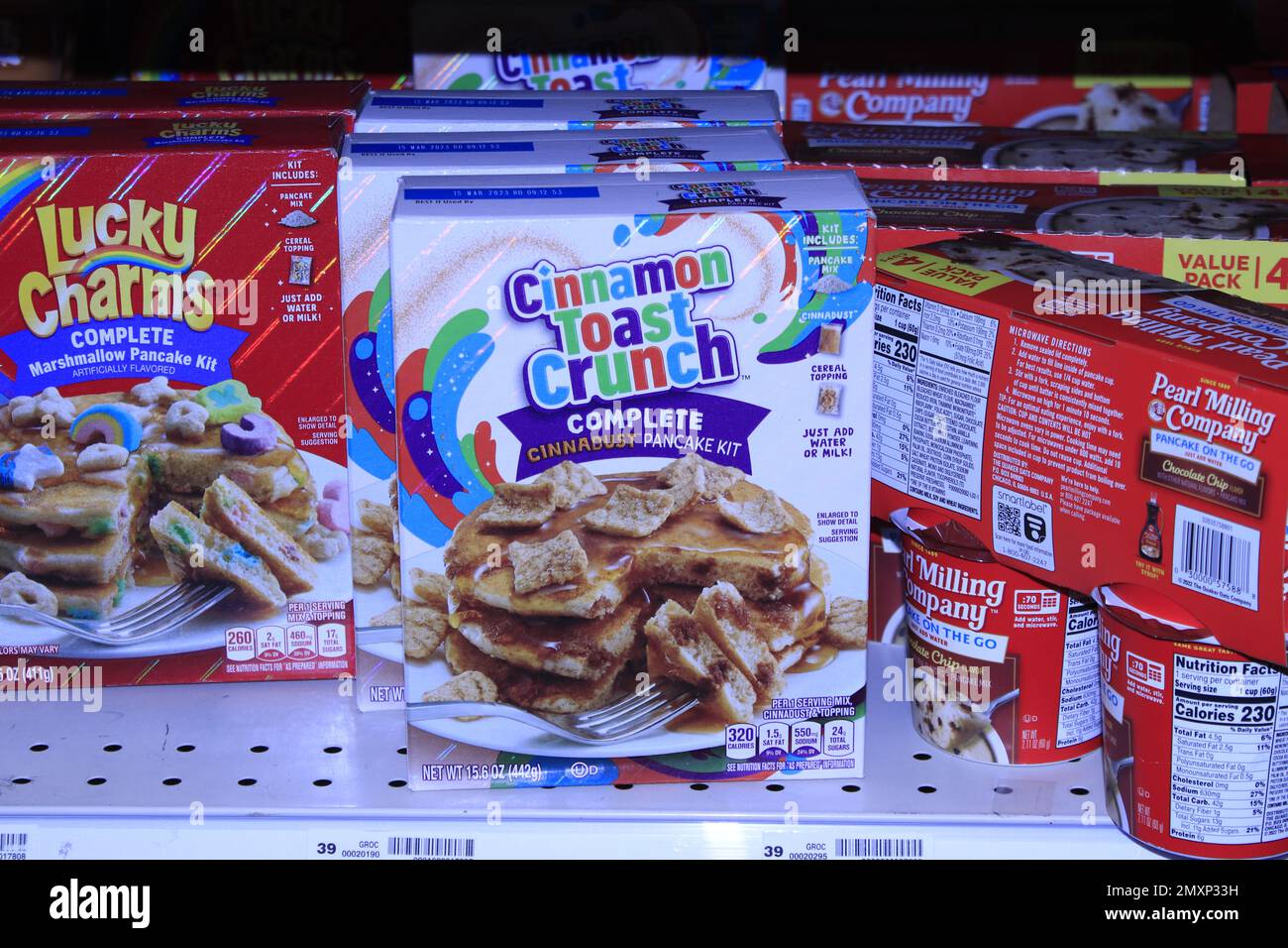 Cinnamon Toast Crunch Pancake Mix in boxes on a shelf Stock Photo
