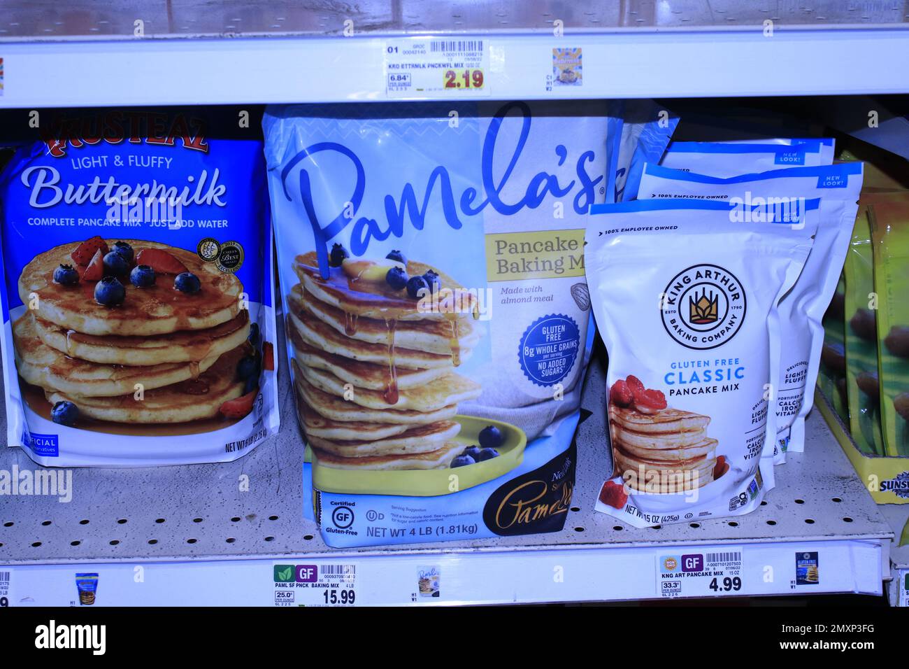 Different Brands of Pancake mix on a shelf shot closeup Stock Photo Alamy