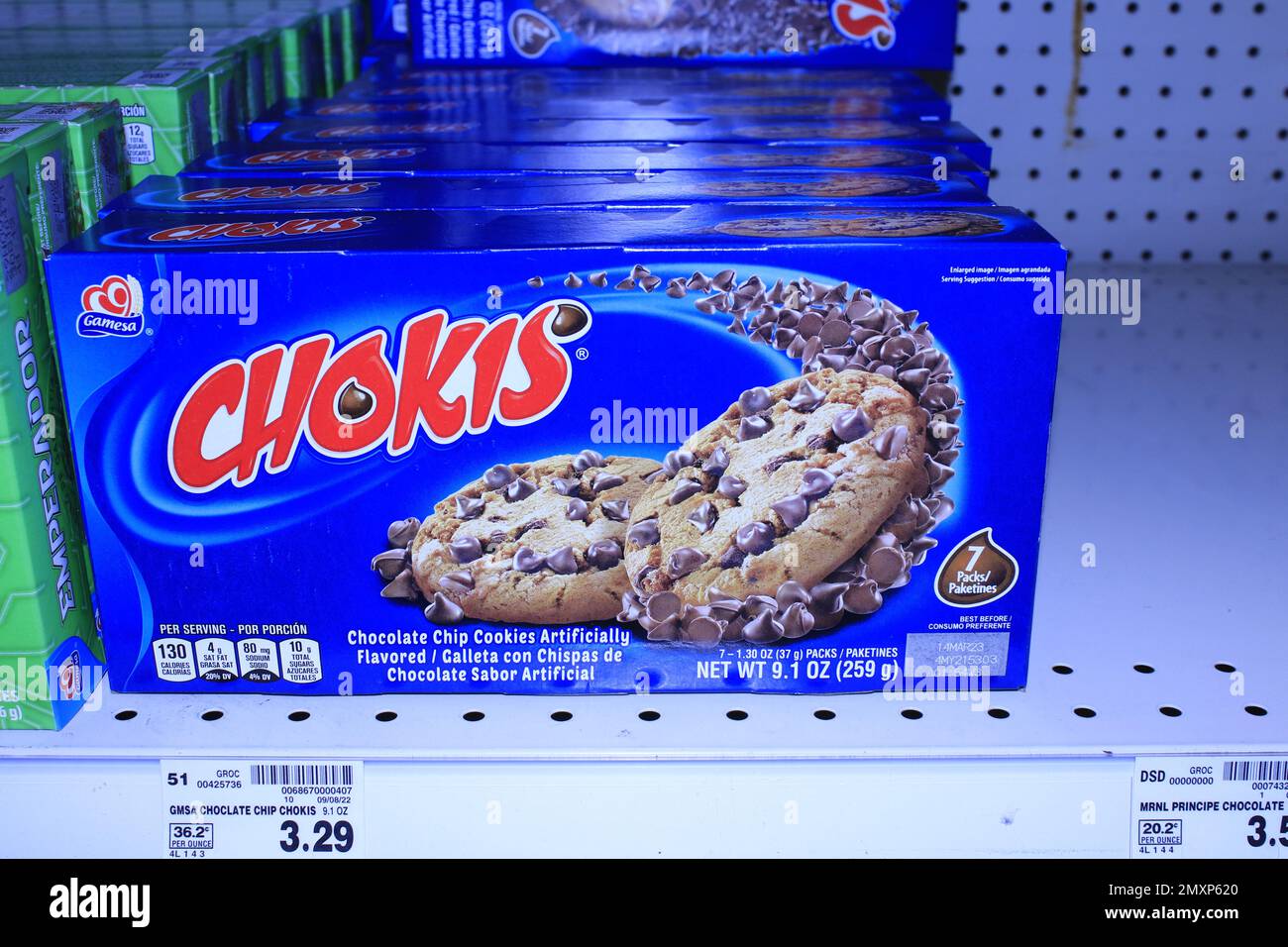 Gamesa CHOKIS Chocolate Chip Cookies in a box on a shelf Stock Photo