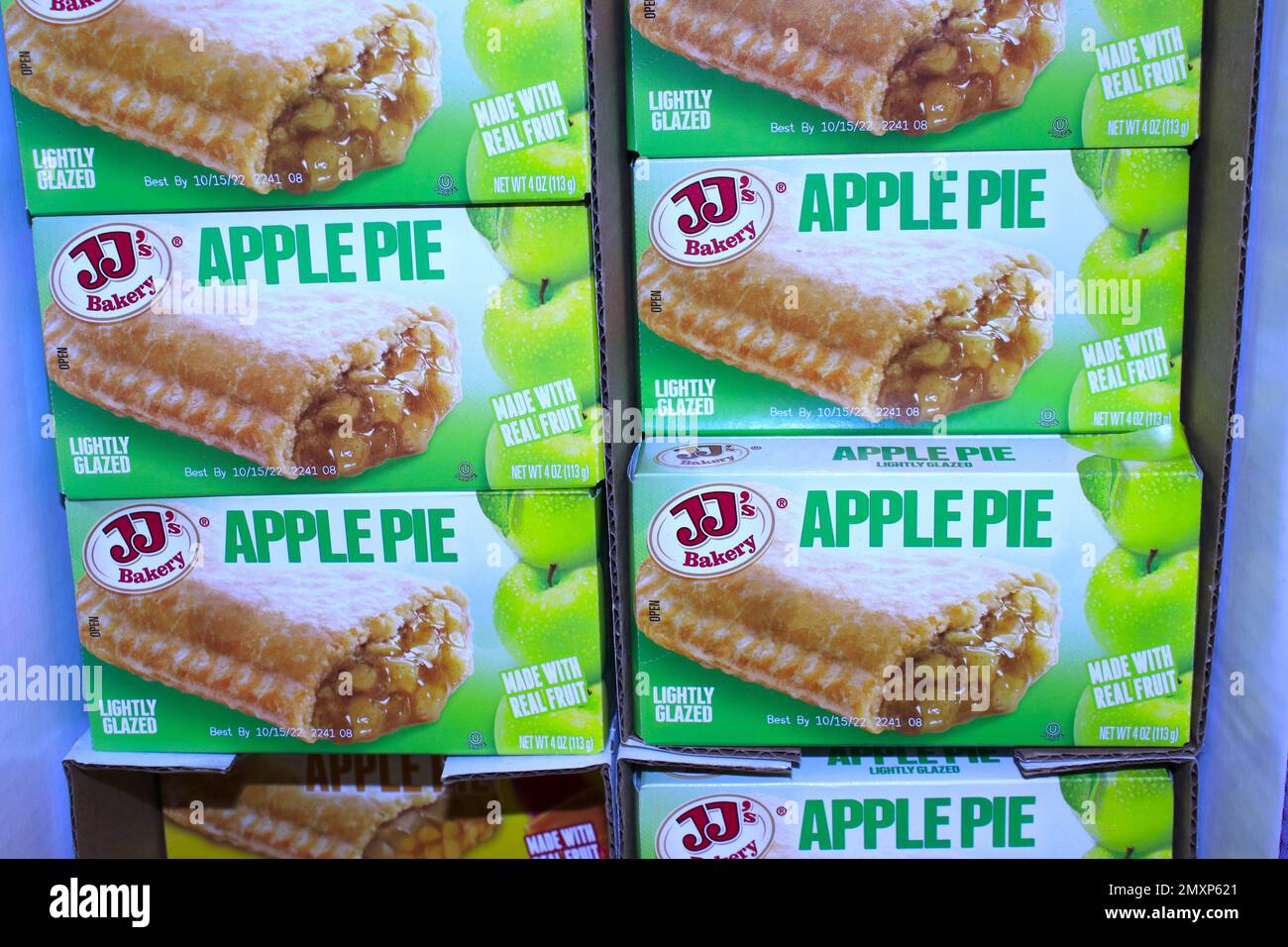 JJ'S Bakery Apple Pie's in boxes on a shelf Stock Photo Alamy