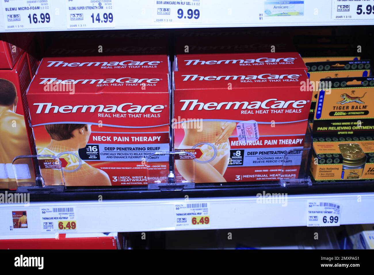 Therma Care in boxes shot closeup on a shelf in a Supermarket Stock ...