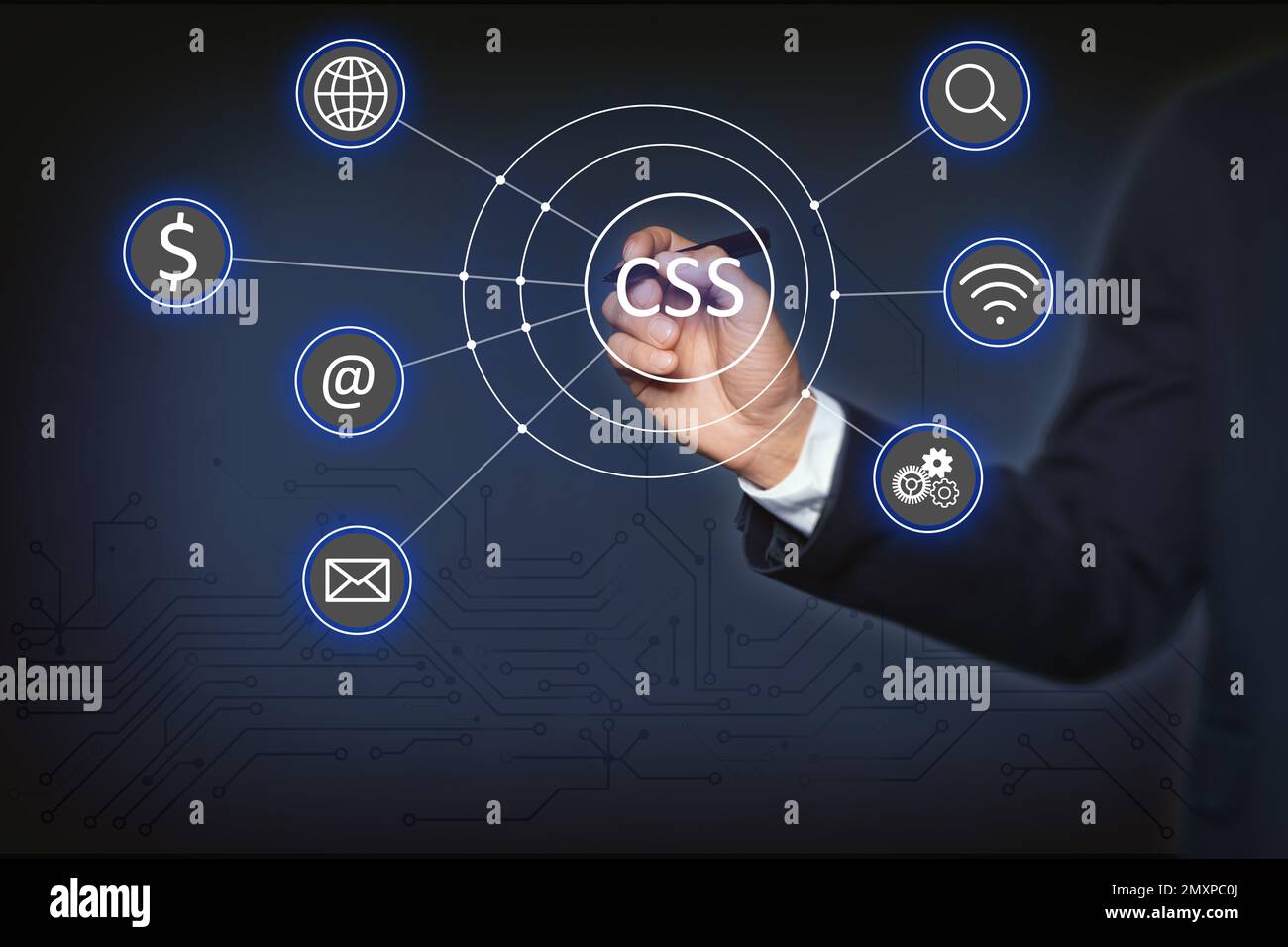 Web development. Man near virtual screen with scheme, closeup Stock Photo