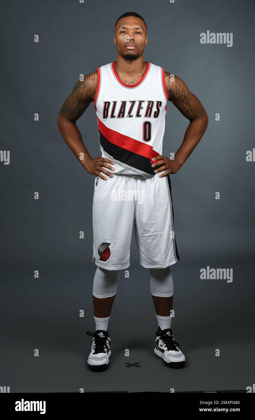 Portland Trail Blazers guard Damian Lillard 0 poses for a photograph during NBA basketball media day in Portland Ore. Monday Sept. 26 2016. AP Photo Steve Dykes Stock Photo Alamy