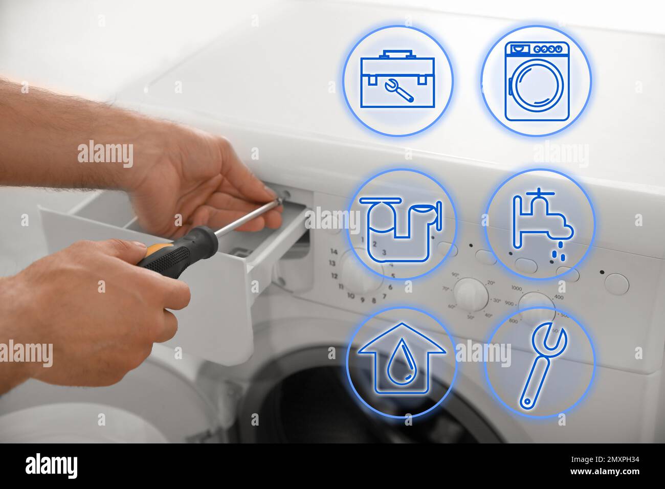 Sanitary engineering service. Professional plumber repairing broken washing machine, closeup