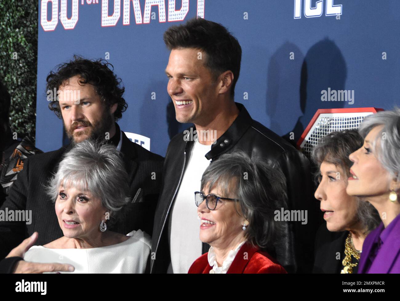 Los Angeles, California, USA 31st January 2023 (L-R) Director Kyle Marvin, Actress Rita Morena, Football Player Tom Brady, Actress Sally Field, Actress Lily Tomlin and Actress Jane Fonda attend the Los Angeles Premiere Screening of Paramount Pictures' '80 for Brady' at Regency Village Theatre on January 31, 2023 in Los Angeles, California, USA. Photo by Barry King/Alamy Stock Photo Stock Photo