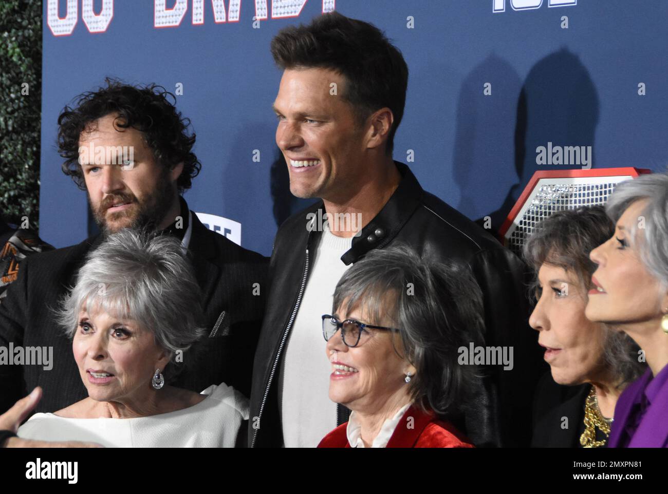 Los Angeles, California, USA 31st January 2023 (L-R) Director Kyle Marvin, Actress Rita Morena, Football Player Tom Brady, Actress Sally Field, Actress Lily Tomlin and Actress Jane Fonda attend the Los Angeles Premiere Screening of Paramount Pictures' '80 for Brady' at Regency Village Theatre on January 31, 2023 in Los Angeles, California, USA. Photo by Barry King/Alamy Stock Photo Stock Photo