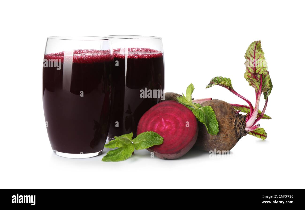 Freshly made beet juice isolated on white Stock Photo