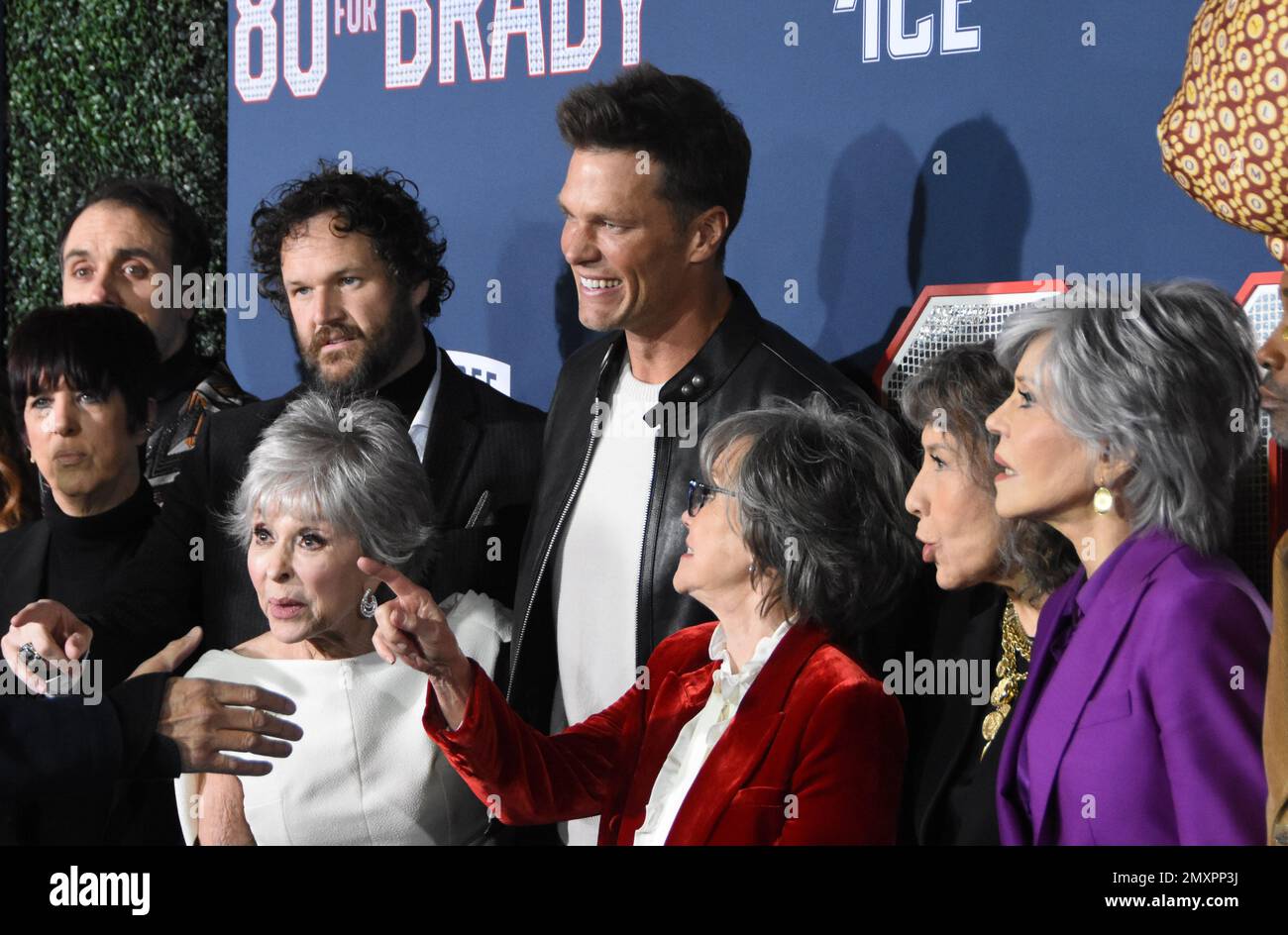 Los Angeles, California, USA 31st January 2023 (L-R) Songwriter Diane Warren, Director Kyle Marvin, Actress Rita Morena, Football Player Tom Brady, Actress Sally Field, Actress Lily Tomlin and Actress Jane Fonda attend the Los Angeles Premiere Screening of Paramount Pictures' '80 for Brady' at Regency Village Theatre on January 31, 2023 in Los Angeles, California, USA. Photo by Barry King/Alamy Stock Photo Stock Photo