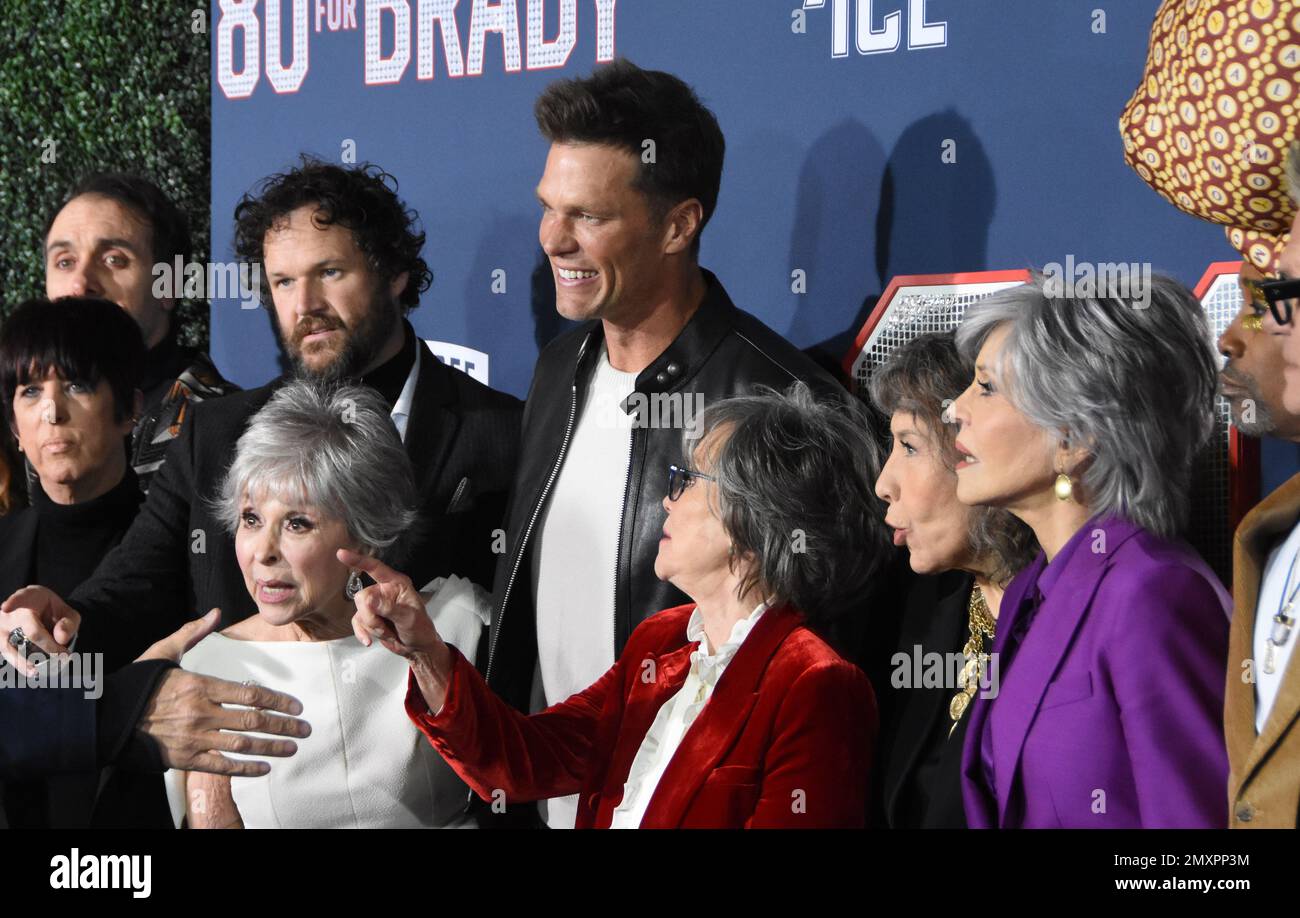 Los Angeles, California, USA 31st January 2023 (L-R) Songwriter Diane Warren, Director Kyle Marvin, Actress Rita Morena, Football Player Tom Brady, Actress Sally Field, Actress Lily Tomlin and Actress Jane Fonda attend the Los Angeles Premiere Screening of Paramount Pictures' '80 for Brady' at Regency Village Theatre on January 31, 2023 in Los Angeles, California, USA. Photo by Barry King/Alamy Stock Photo Stock Photo