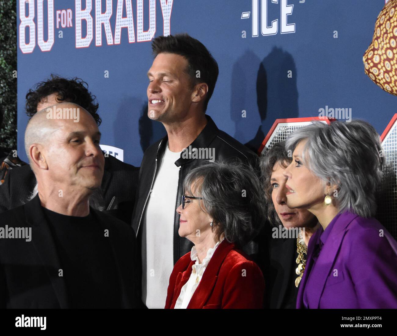 Los Angeles, California, USA 31st January 2023 (L-R) Brian Robbins, Director Kyle Marvin, Actress Rita Morena, Football Player Tom Brady, Actress Sally Field, Actress Lily Tomlin and Actress Jane Fonda attend the Los Angeles Premiere Screening of Paramount Pictures' '80 for Brady' at Regency Village Theatre on January 31, 2023 in Los Angeles, California, USA. Photo by Barry King/Alamy Stock Photo Stock Photo
