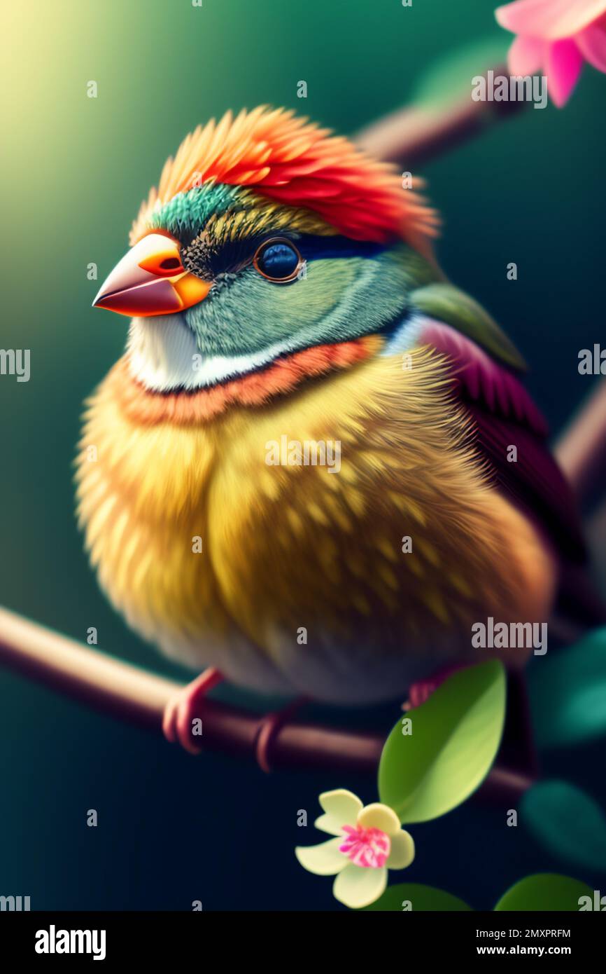 An AI generated illustration of a closeup of a small red crown bird on a branch Stock Photo
