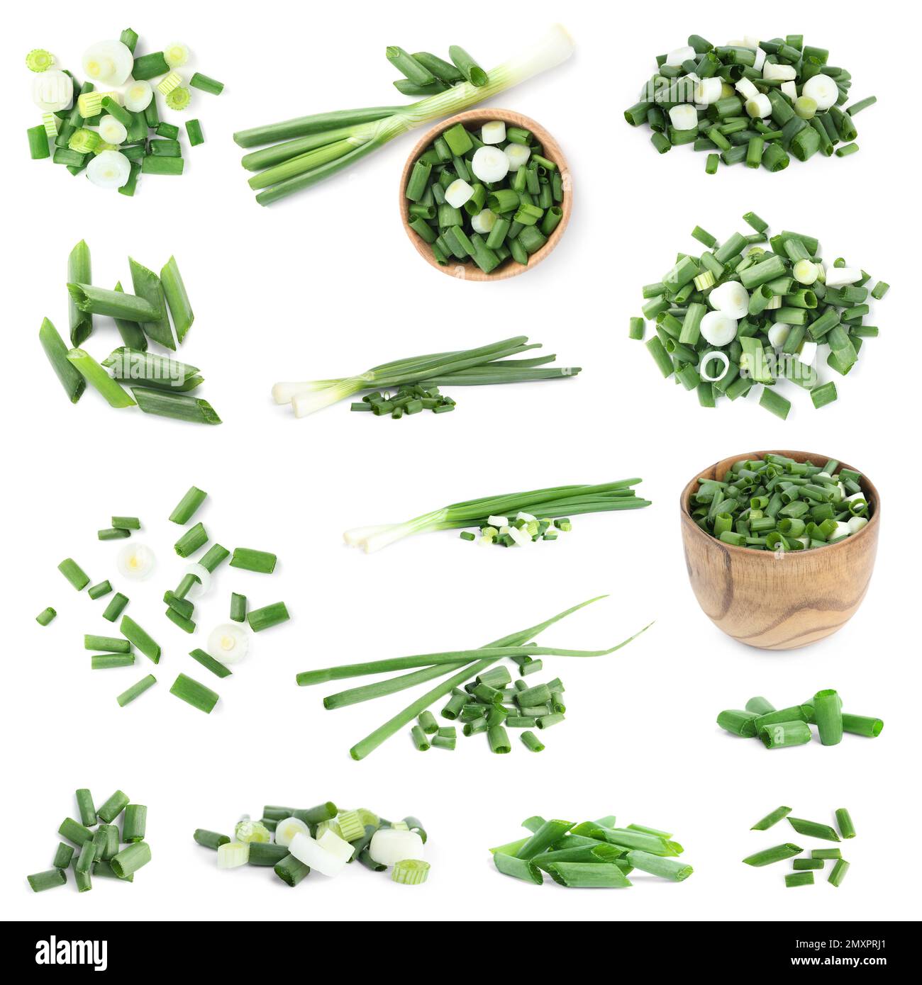 Set of cut green onions on white background Stock Photo - Alamy