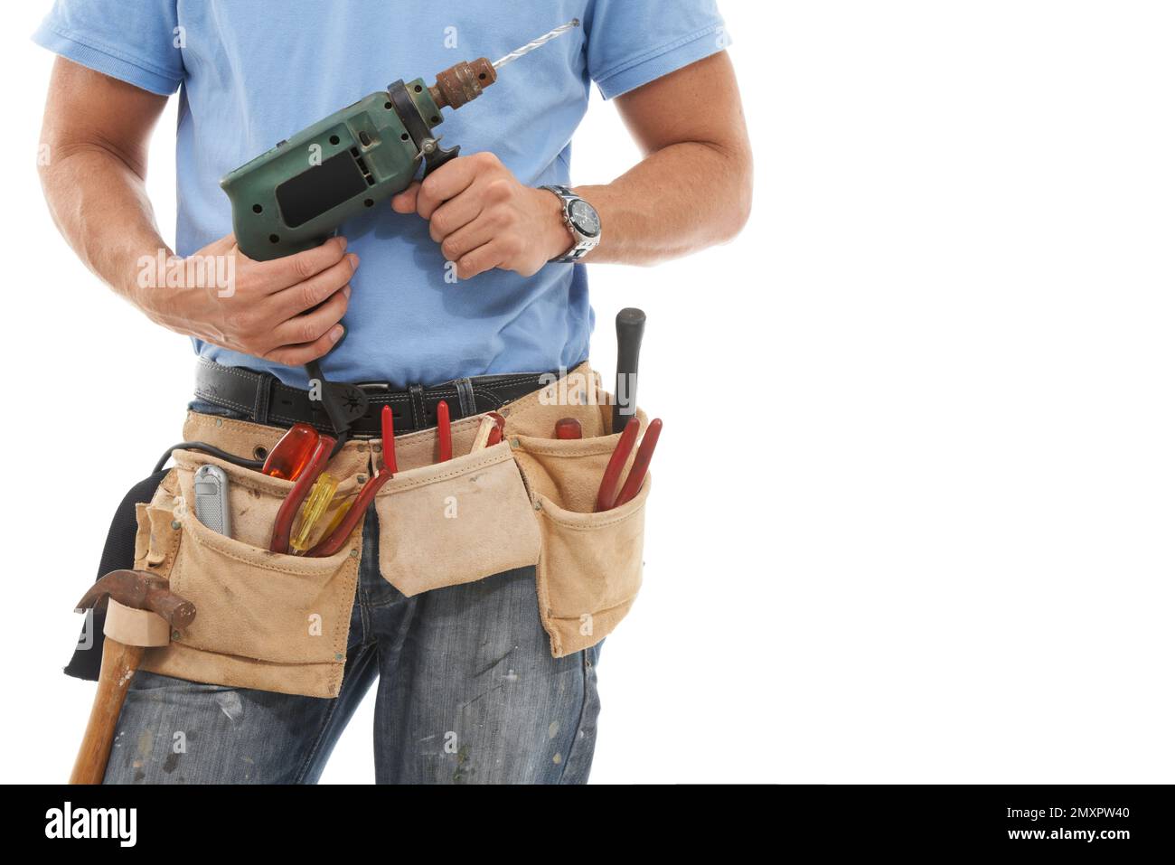 Drill, construction and hands of man with tools belt for engineering